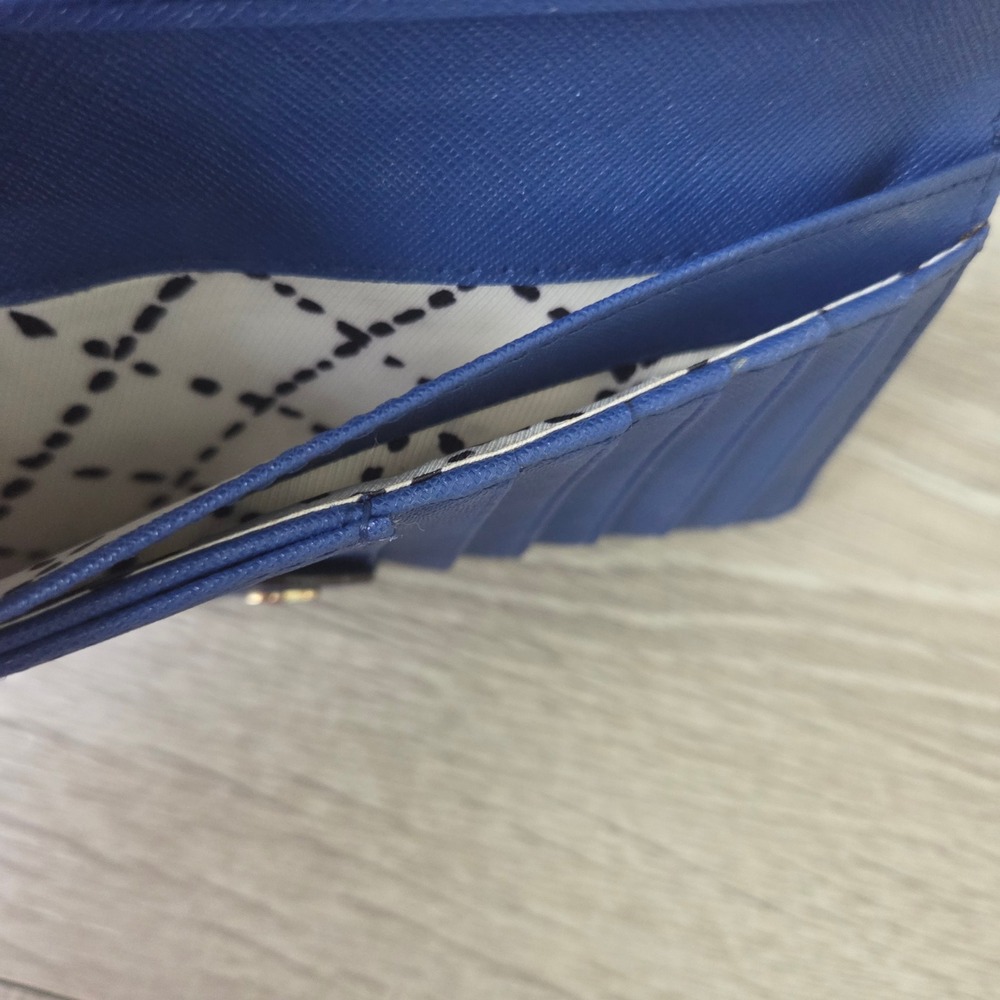 Kate Spade Wallet Bifold Slim Womens Blue Saffiano Leather Gold Logo Zip Pocket - Picture 10 of 11